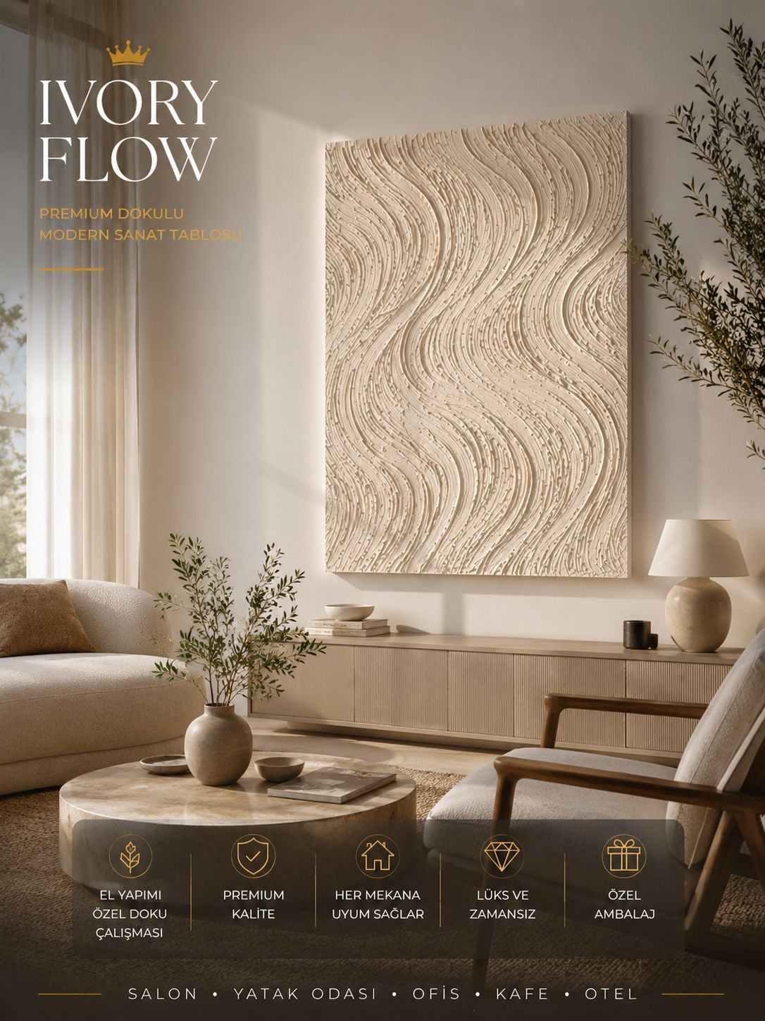 IVORY FLOW   Premium Dokulu Modern Sanat Tablosu 35x50 CM