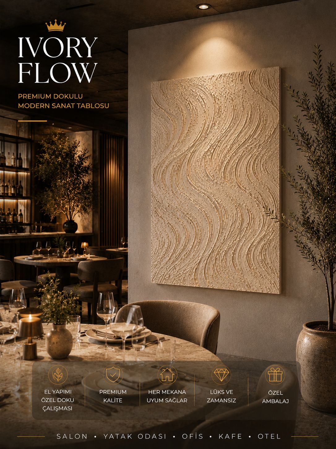IVORY FLOW   Premium Dokulu Modern Sanat Tablosu 50x70 CM